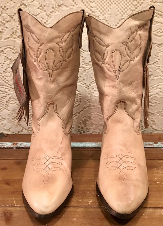 NOS Beige Laredo Leather Fringe Cowgirl Boots size 8 1/2M