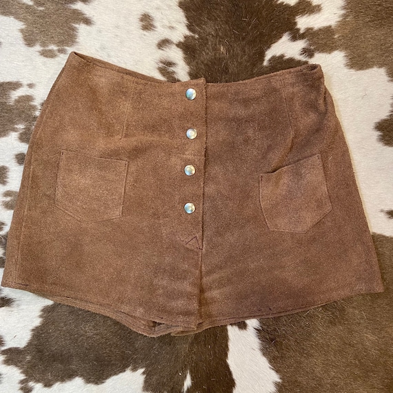 1970s Tan Suede Snap Up Shorts with Pockets