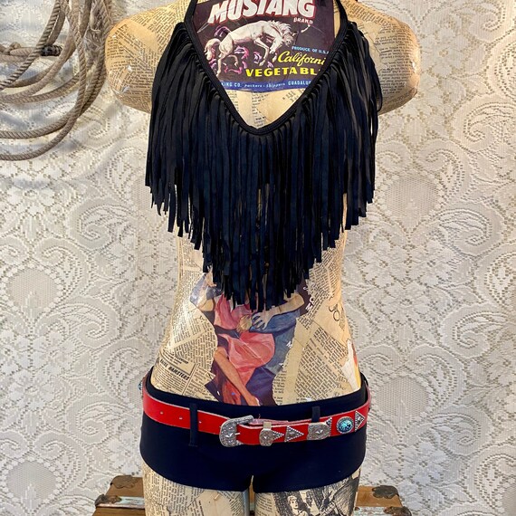 Retro Black Fringe Western Bikini with Hipster Bottoms size Medium