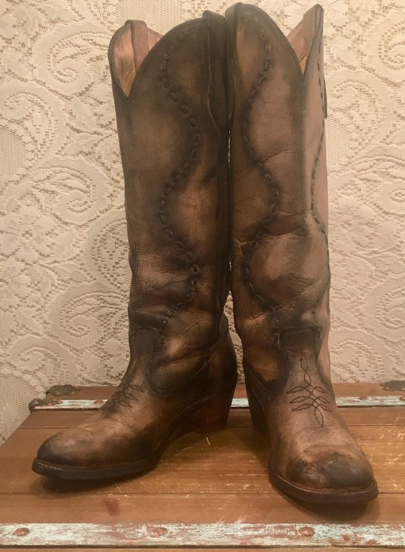 Tall Antiqued Acme Cowgirl Boots with stitching size 9M