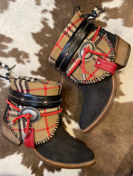Vintage MIss Capezio Cowgirl Ankle Boots WIth Authintic Burberry Fabric SIze 9 to 9 1/2