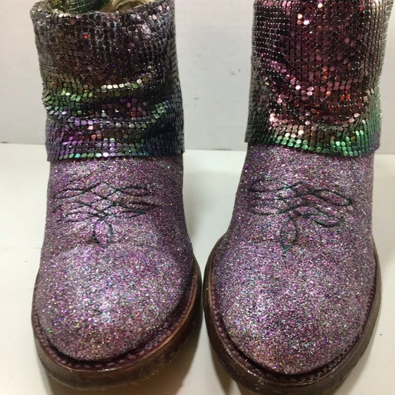 Rainbow Glittered Cowgirl booties with Mermaid Mesh size 8 1/2M