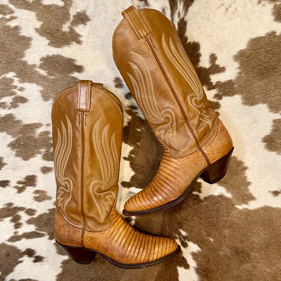 Exotic Tan Leather and Texas Lizard Black Label Tony Lama cowgirl boots size 7 C