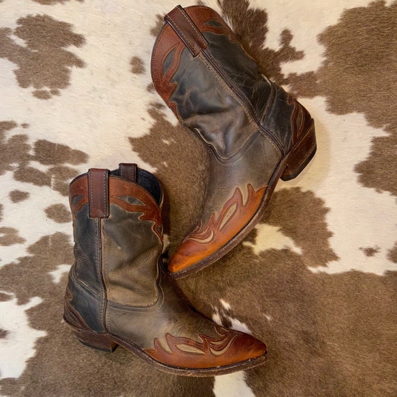 Vintage Army Green and Brown Leather Code West Cowgirl Slouch Boots women’s size 8 1/2 M