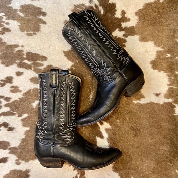 Black Label Black Leather Vintage Tony Lama Vintage Cowboy Western Boots with Fancy Stitched Vamps