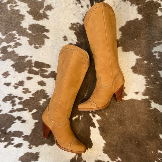 Tall Tan Suede Vintage Zodiac Cowgirl Boots woman’s size 8 1/2 M