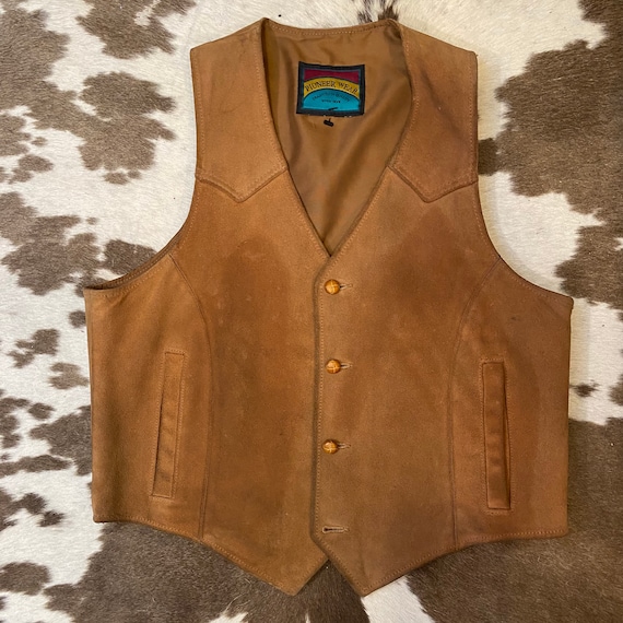 Vintage 1970s Brown Suede Leather Button Up Vest from Pioneer Wear size Medium