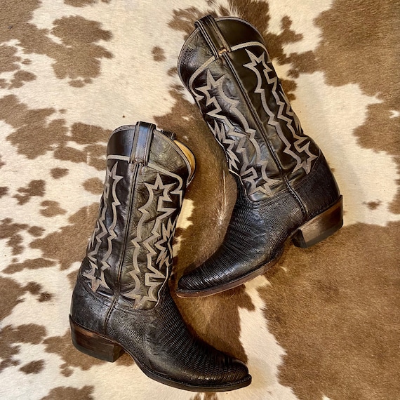 Dark Brown Black Label Teju Lizard 1970s Tony Lama Cowboy Boots men's 9 D womans 10 1/2 to 11