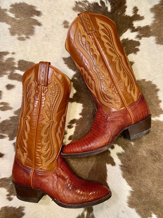 Tall Tony Lama Exotic Lizard and Whiskey Leather Gold Label Cowgirl Boots size 7 C