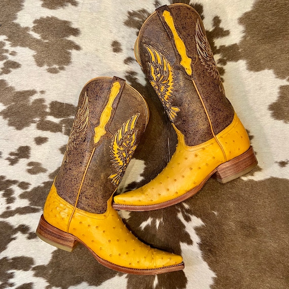 Amazing Golden Ostrich Cowboy Boots with Thunderbird Phoenix Inlays mens size 6 woman’s size 7 to 7 1/2