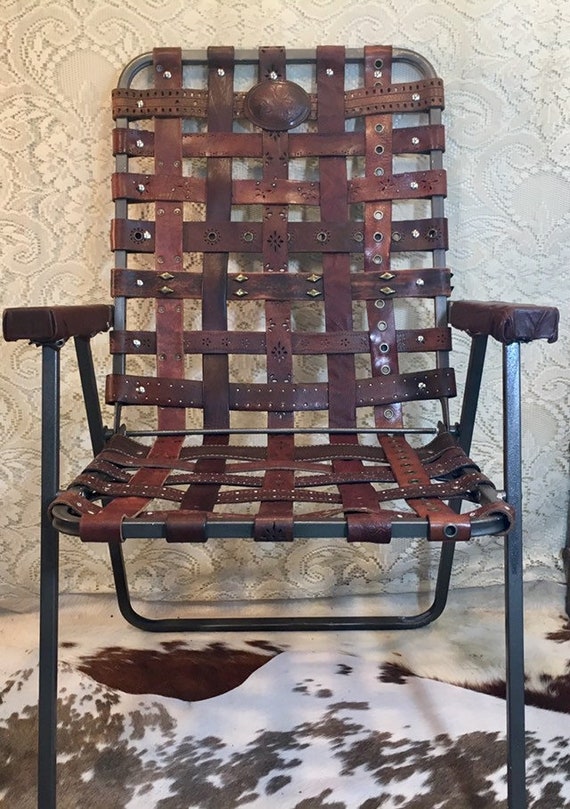 Vintage leather Western Tooled Belt Folding Lawn Patio Chair