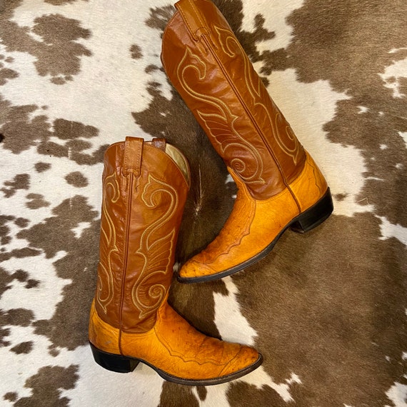 Vintage Tan and Brown Exotic Ostrich and Leather Larry Mahan Cowboy Boots men’s size 9 1/2 D women’s size 10 1/2 to 11
