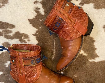 Handcrafted Whiskey Leather and Genuine Snakeskin Acme Cowgirl Ankle Booties women’s size 7 C