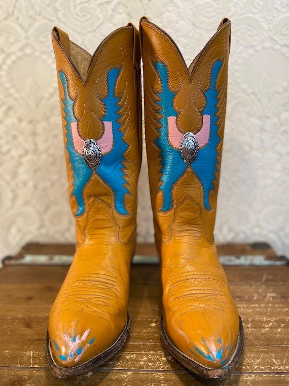 Hand Painted Mustard Leather Nocona Cowboy/Cowgirl Boots with Butterfly Vamps and Silver Conchos women’s size 8 1/2 M to 9M