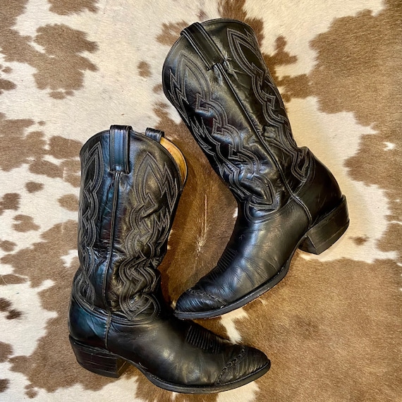 Black Leather Black Label Tony Lama Cowboy Boots with Fancy Stitched vamps and wingtips men's size 10 EE