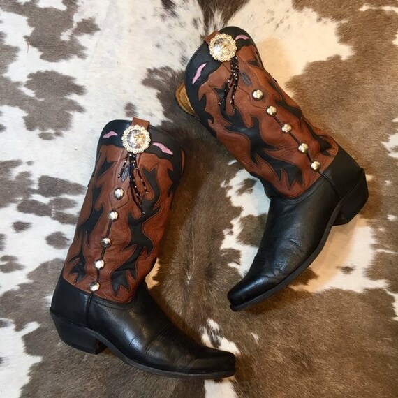 Beautiful Old West Black and Brown Leather embellished Cowgirl Boots size 9 to 9 1/2