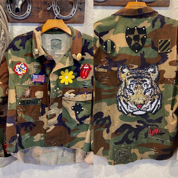 Handcrafted Vintage Military Camouflage Jacket Embellished with Tiger and Vintage Patches size Large to XL