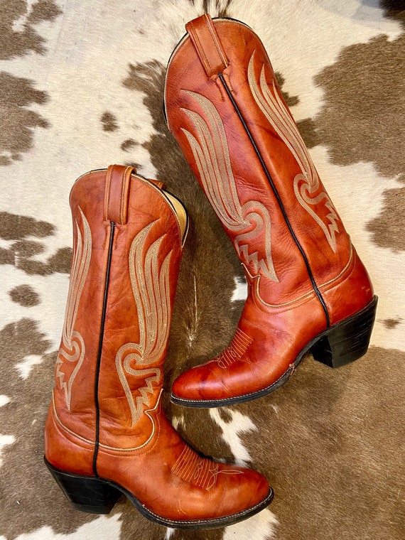 Tall Whiskey Leather Black Label Tony Lama Cowgirl Boots with Fancy Stitched Vamps women’s size 6
