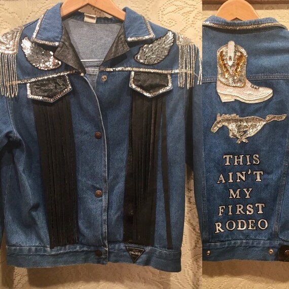 Vintage Designer Embellished Jean Jacket with Western Patches and Fringe size Large