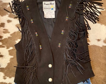 Amazing Vintage Black Suede Fringe Vest from Pioneer Wear woman’s size 12