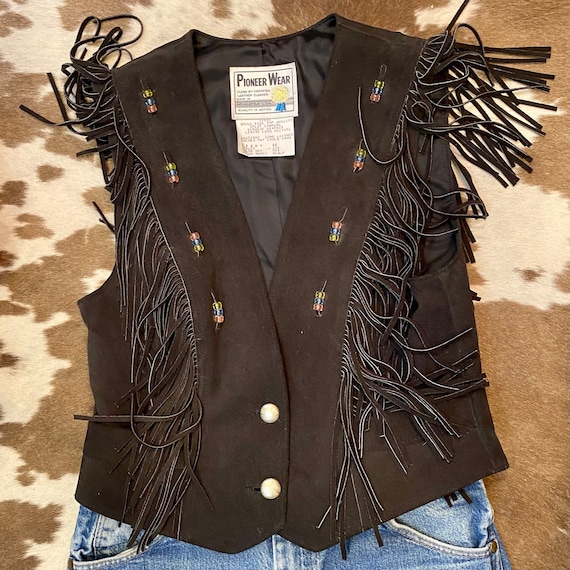 Amazing Vintage Black Suede Fringe Vest from Pioneer Wear woman’s size 12