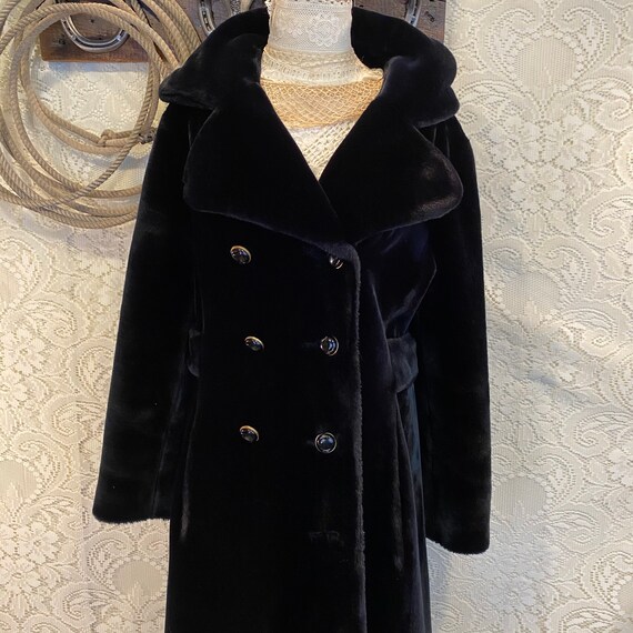 Union Made Long vintage Black Faux Fur Trench Coat with Hood size S -M