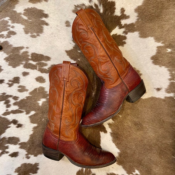 Brown Leather and Lizard Embossed Tony Lama Cowboy or Cowgirl Boots men’s size 8 D women’s size 9 1/2