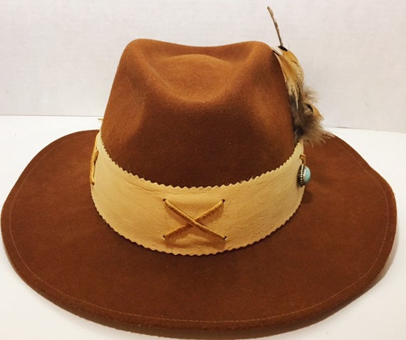 Beautiful Felt and Leather Cowgirl Hat with Feathers and Turquoise size M