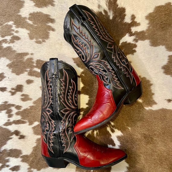 Red and Black Leather Vintage Code West Cowboy Boots with fancy stitched vamps men's size 8 D women's size 9 1/2 to 10