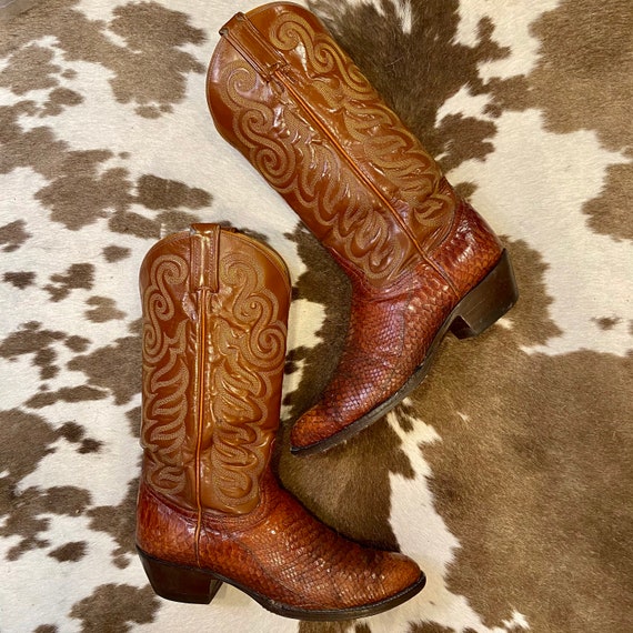 Vintage Whiskey Leather and Snakeskin 1970s Black Label Tony Lama Cowboy Boots men’s size 9 1/2 D women’s size 11