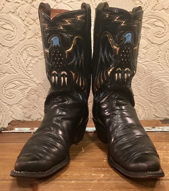 1960s Rare Black Leather Acme Cowboy boots with Phoenix Thunderbird Inlays men's size 9 D woman's size 11