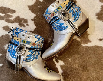 Handcrafted and Hand Painted Vintage Pearlescent White Cowgirl Boho ankle Booties with Seed Beads and Bolo Ties woman’s size 8 M