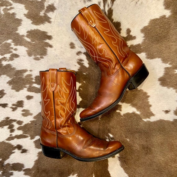 Vintage Brown Leather Acme Cowboy Boots with Fancy Stitched Vamps men’s size 9 1/2 D women’s size 11