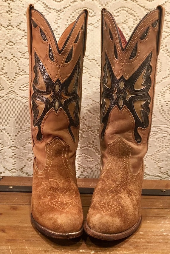 Tan Miss Capezio Cowgirl Boots with Butterfly Inlays size 7 1/2