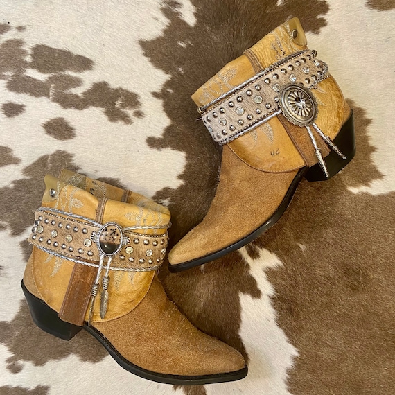 Handcrafted Tan Suede Tony Lama Cowgirl Ankle Boots with Calfhair Rhinestone Belt and Conchos womens size 8 B