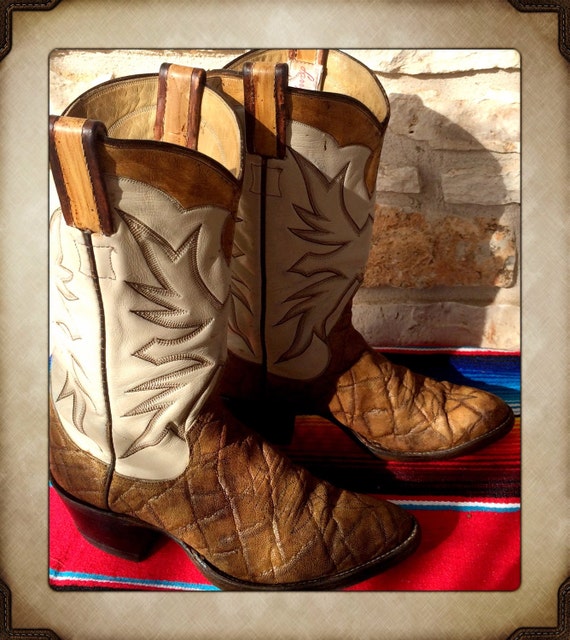 Tan and White Exotic Stitched Cowgirl Western Boots from Larry Mahan size 6