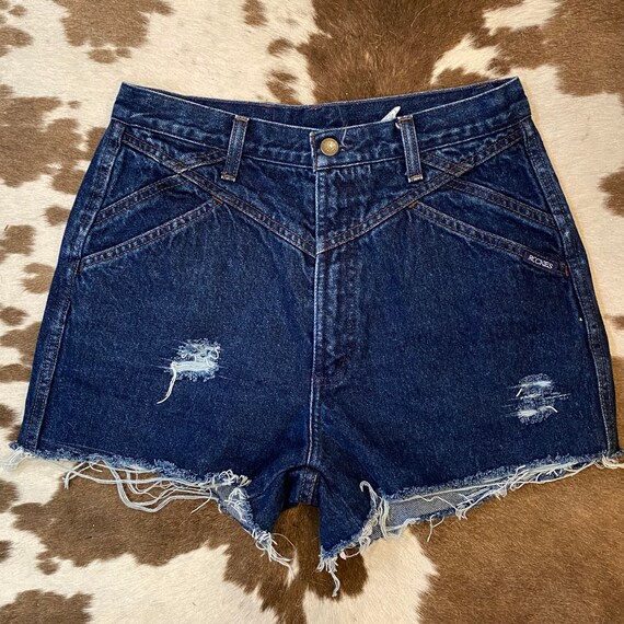 Dark Rinse Denim Rock Mountain High Waist Jean Cut Off Shorts 28”