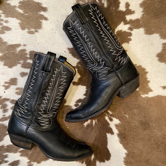 1970’s Vintage Black Leather Black Label Tony Lama Cowboy Boots with Fancy Stitched Vamps men’s size 11