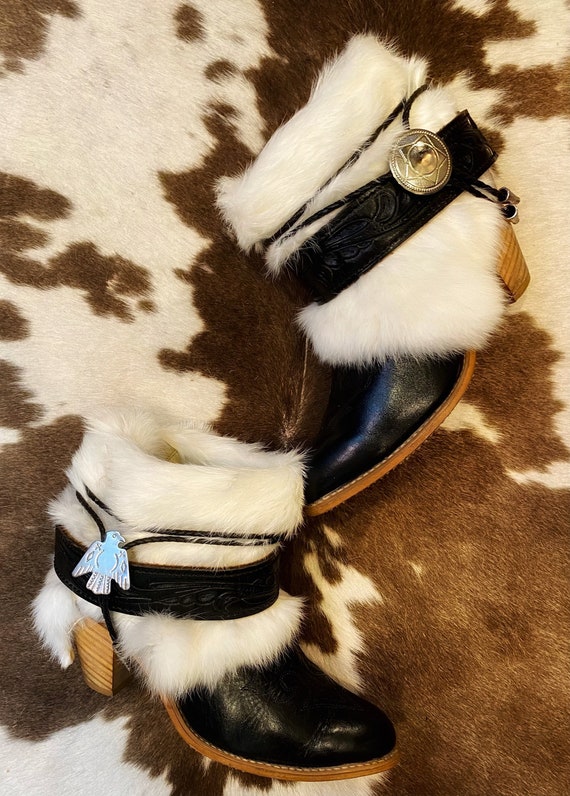 Handcrafted Black Leather Vintage Miss Capezio Cowgirl Ankle Booties with White Fur Western Beltscand Conchos size 8 M