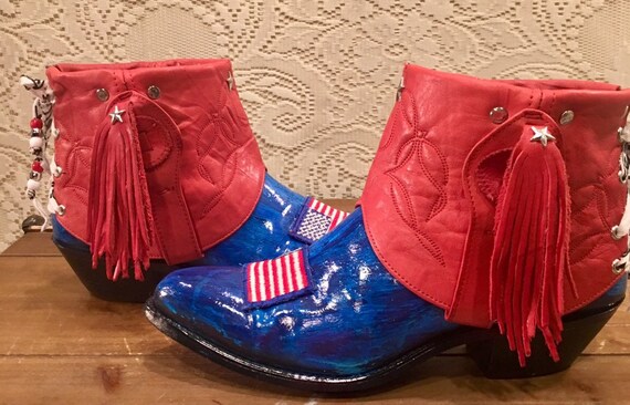Hand Crafted and Painted Red, White and Blue Miss Capezio Cowgirl Booties size 7 1/2