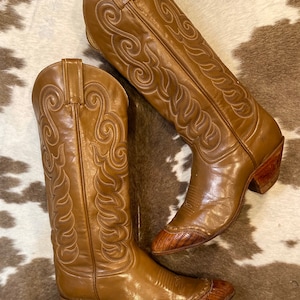 Tall Vintage Tan Leather Tony Lama Black Label Cowgirl Boots size 6
