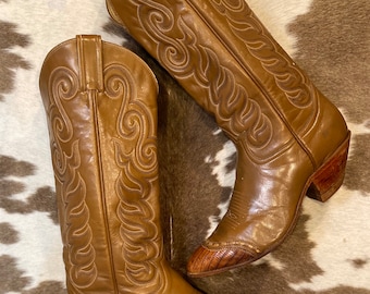 Tall Vintage Tan Leather Tony Lama Black Label Cowgirl Boots Size
