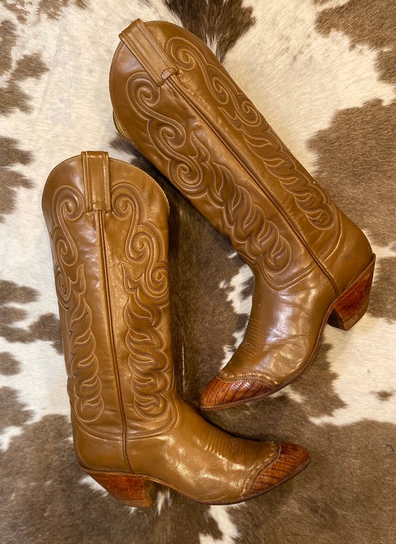 Tall Vintage Tan Leather Tony Lama Black Label Cowgirl Boots size 6