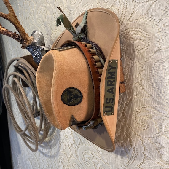 Vintage Handcrafted Suede Stetson Cowboy Hat with Military Patches size 7 1/8 or 63 centimeters
