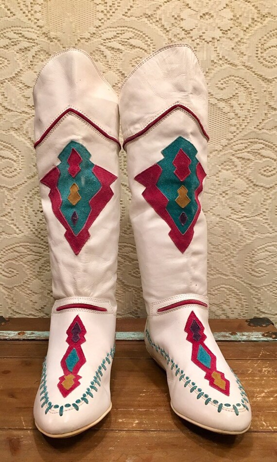 Amazing Tall 80s White Southwestern Boots from LJ Mone size 6