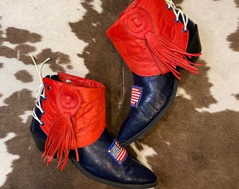 Handcrafted Red and Navy Leather Vintage Acme Cowgirl Ankle Booties with American Flags women's size 8 1/2 M