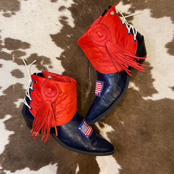 Handcrafted Red and Navy Leather Vintage Acme Cowgirl Ankle Booties with American Flags women's size 8 1/2 M