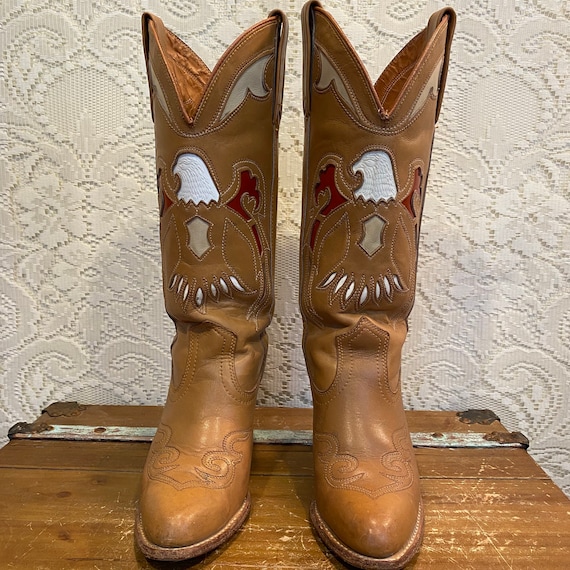Tan Leather Vintage Miss Capezio Cowgirl Boots with Eagle Thunderbird Inlays women’s size 7 M