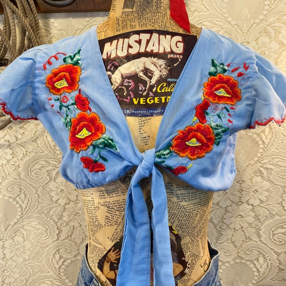 1970s Embroidered Floral Vintage Crop Top Medium to Large