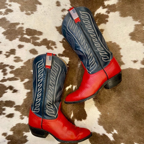 Hand Painted Red and Navy Leather Tony Lama Cowboy boots with American Flag Pins men's size 7 1/2 EE women size 9 Wide
